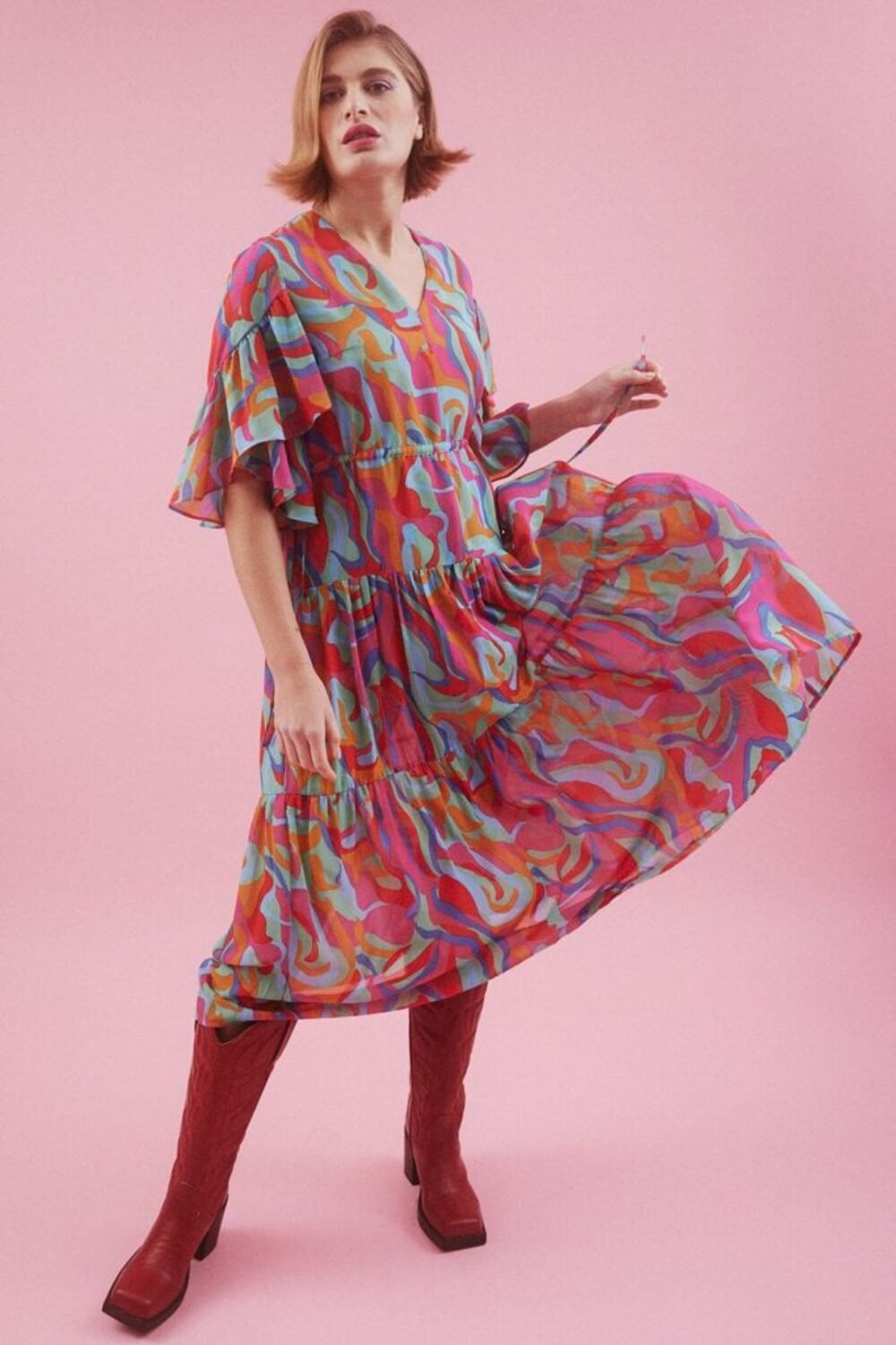 Shop Lux Abstract Pink Midi Dress with Flutter Sleeves and women's luxury and designer clothes at www.lux-apparel.co.uk