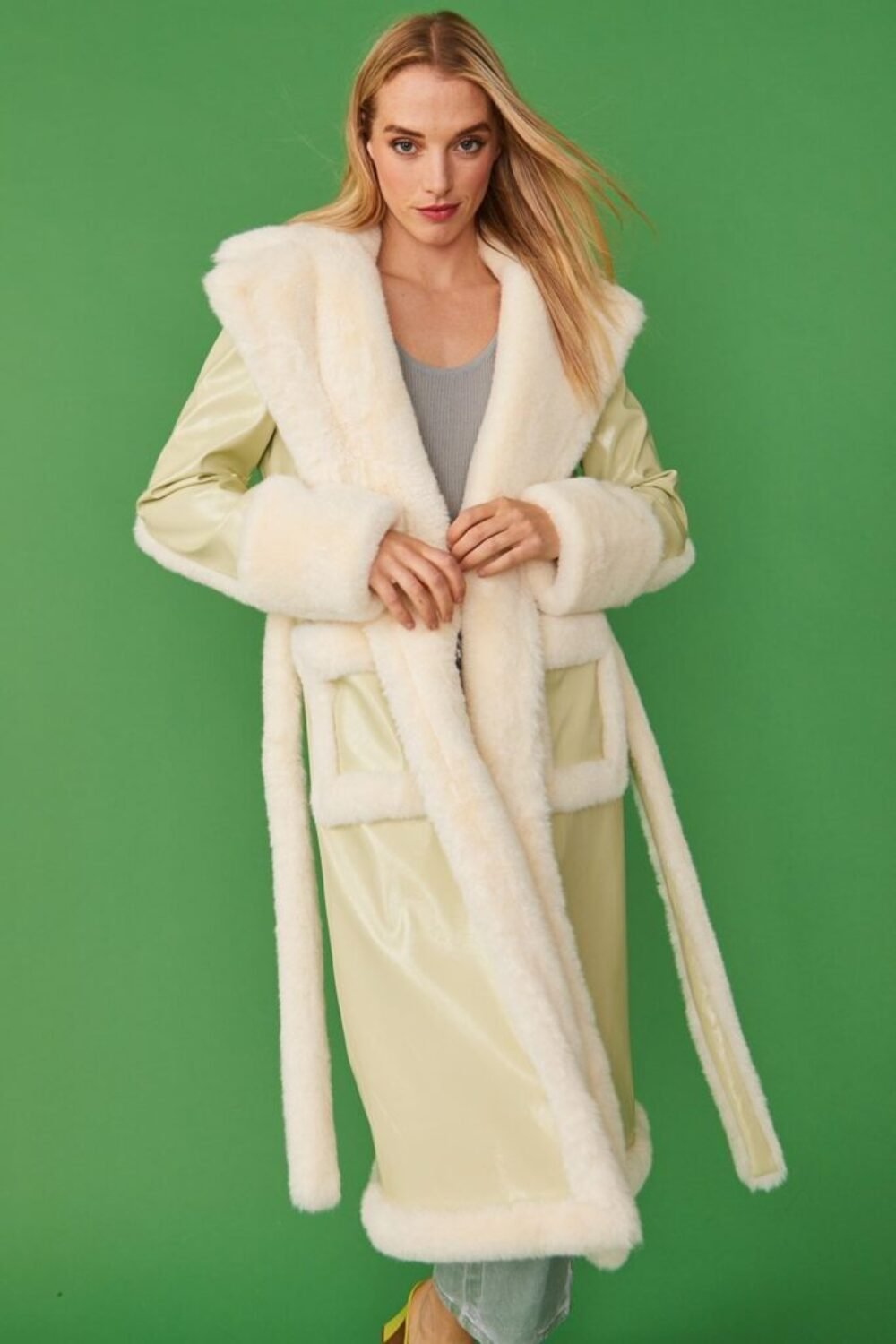 Shop Lux Apple Green Faux Fur and Faux Suede Trench Coat and women's luxury and designer clothes at www.lux-apparel.co.uk