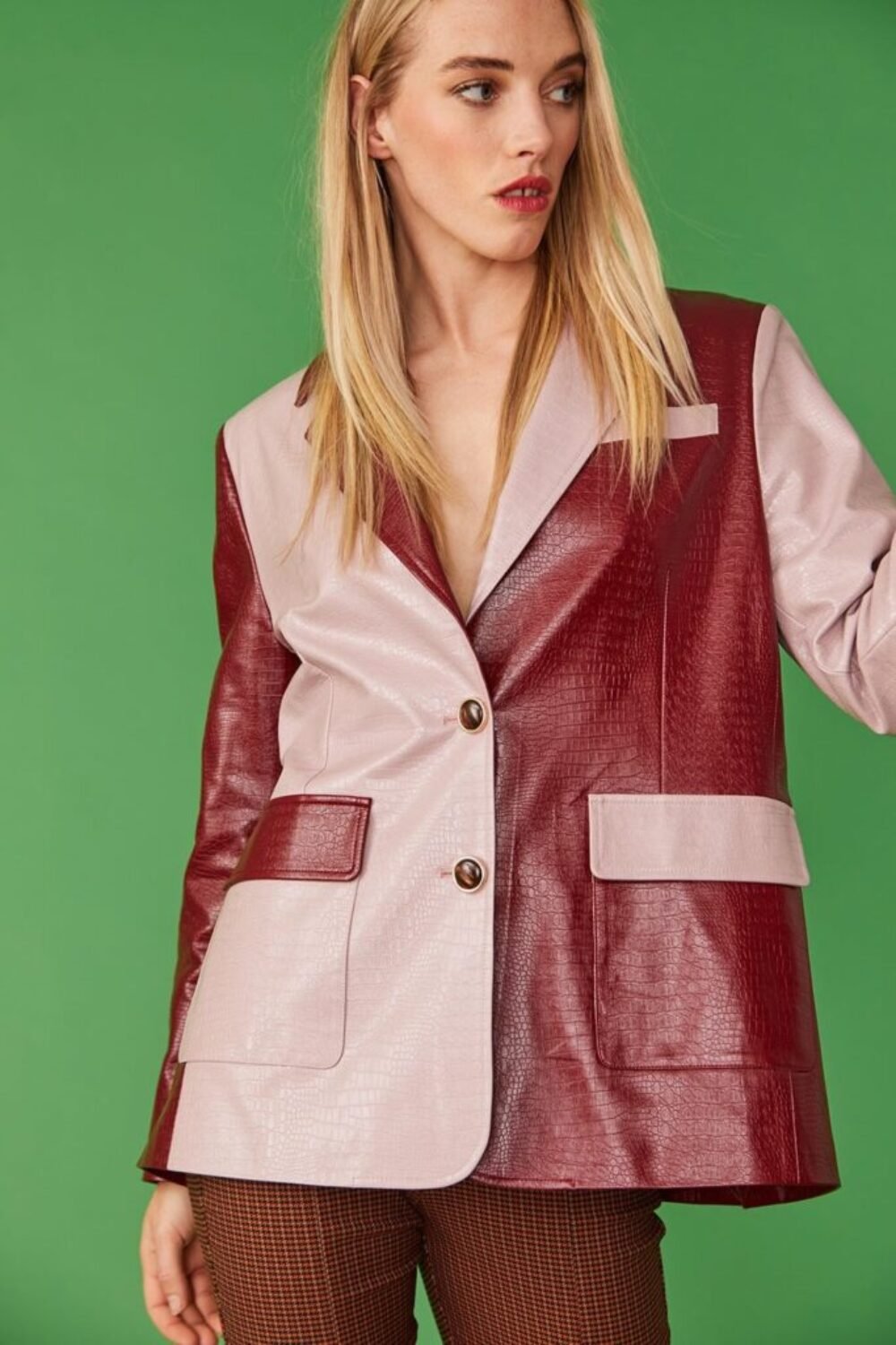 Shop Lux Baby Pink and Burgundy Leather Look Blazer and women's luxury and designer clothes at www.lux-apparel.co.uk