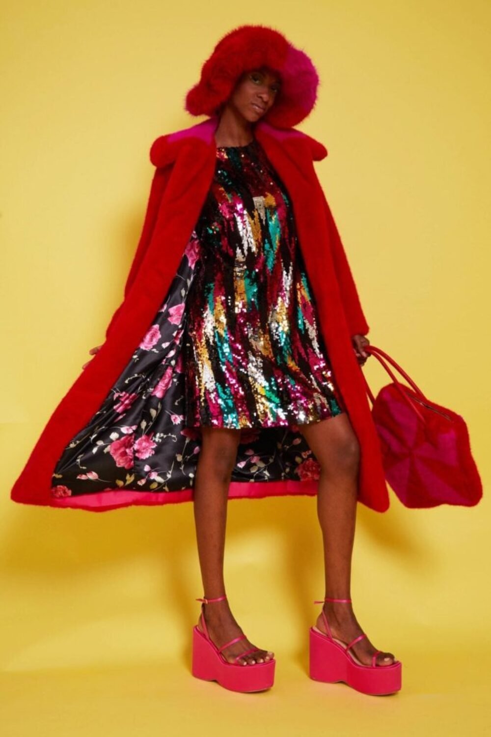 Shop Lux Bamboo Faux Fur Red Midi Coat with Pink Collar and women's luxury and designer clothes at www.lux-apparel.co.uk