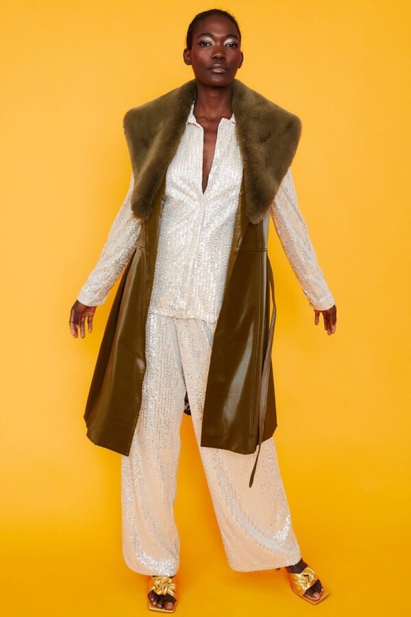 Shop Lux Banana Peel Midi Gilet Faux Fur Collar and women's luxury and designer clothes at www.lux-apparel.co.uk