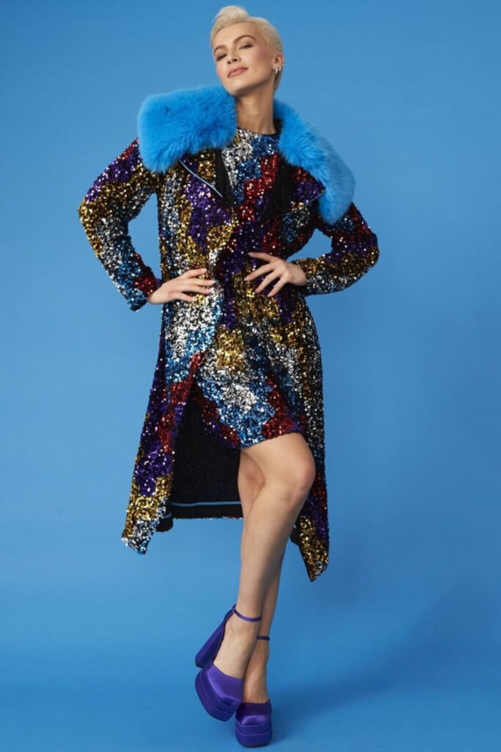 Shop Lux Black Multi Coloured Sequin Trench Coat with Removable Faux Fur Collar and women's luxury and designer clothes at www.lux-apparel.co.uk