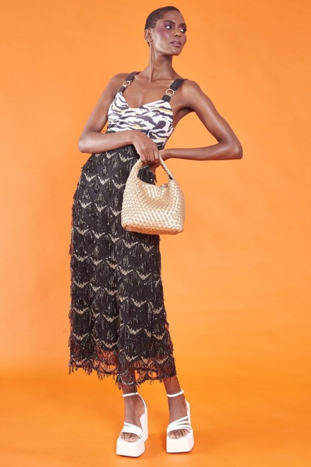 Shop Lux Black Sequin Tassel and Eco Leather Animal Print Maxi Dress and women's luxury and designer clothes at www.lux-apparel.co.uk