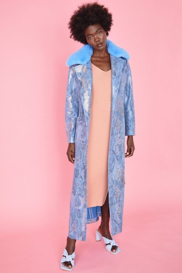 Shop Lux Blue Alysha Faux Suede Print Coat and women's luxury and designer clothes at www.lux-apparel.co.uk