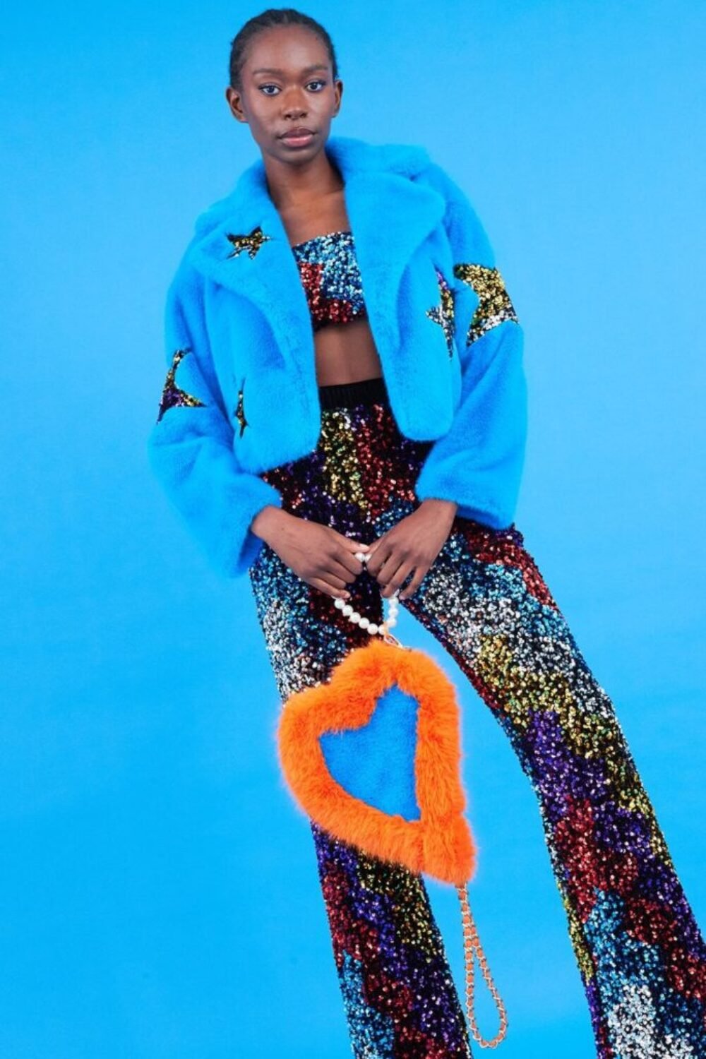 Shop Lux Blue Bamboo Faux Fur Sequins Star Jacket and women's luxury and designer clothes at www.lux-apparel.co.uk