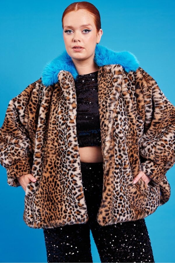 Shop Lux Blue Bat-winged Leopard Print Faux Fur Coat and women's luxury and designer clothes at www.lux-apparel.co.uk