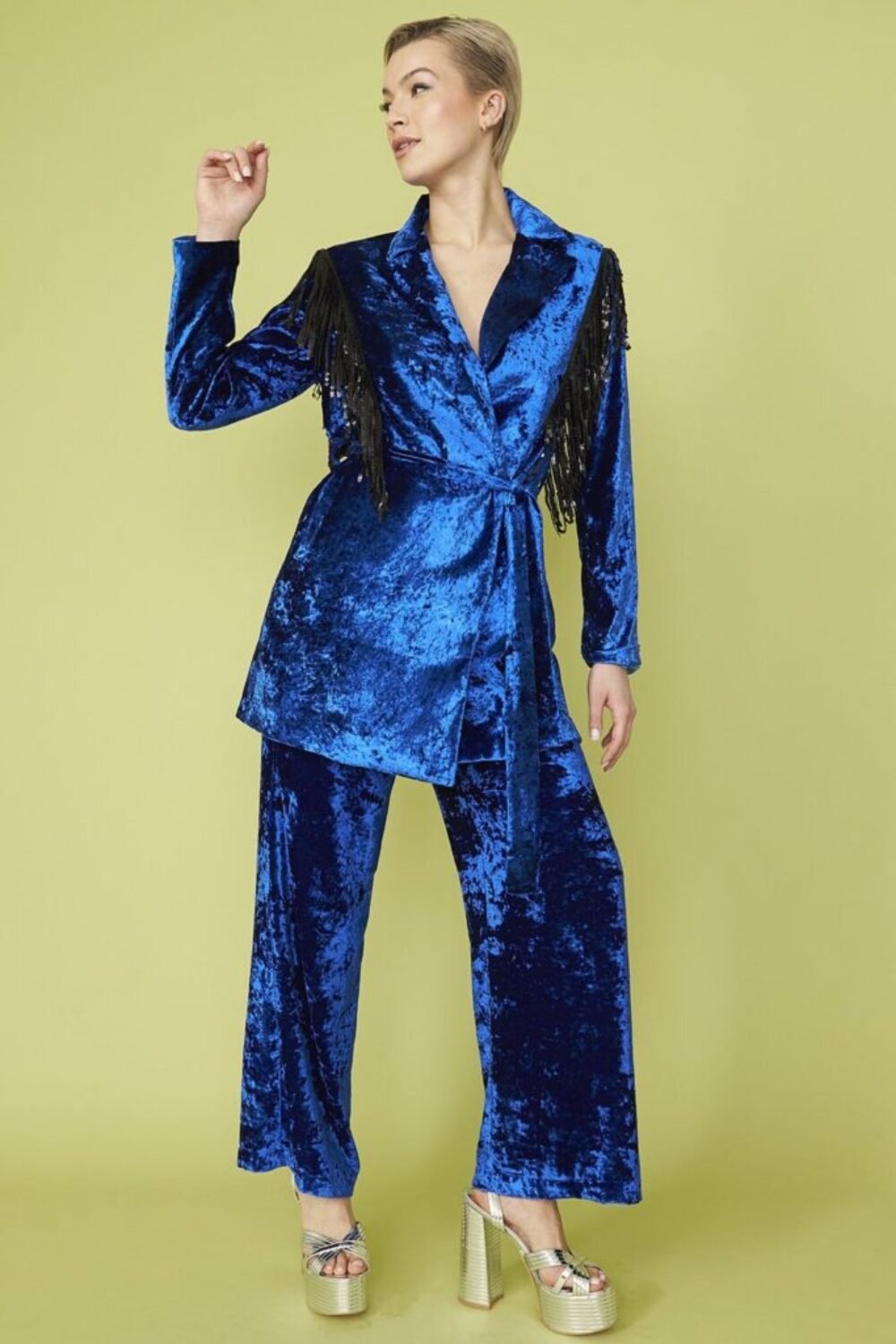 Shop Lux Blue Crushed Velvet Blazer dress with Sequin Tassels and women's luxury and designer clothes at www.lux-apparel.co.uk