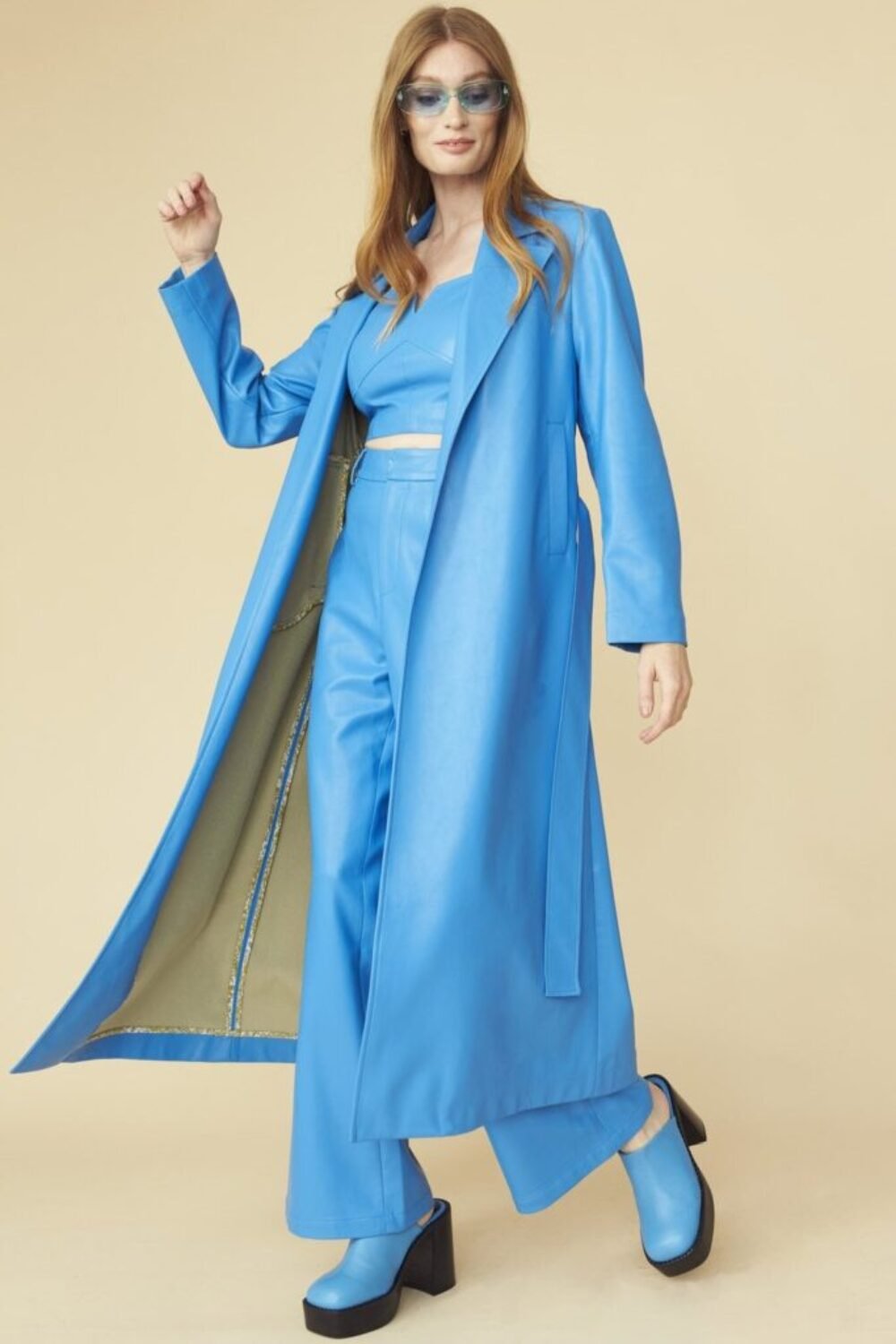 Shop Lux Blue Eco Leather Trench Coat and women's luxury and designer clothes at www.lux-apparel.co.uk
