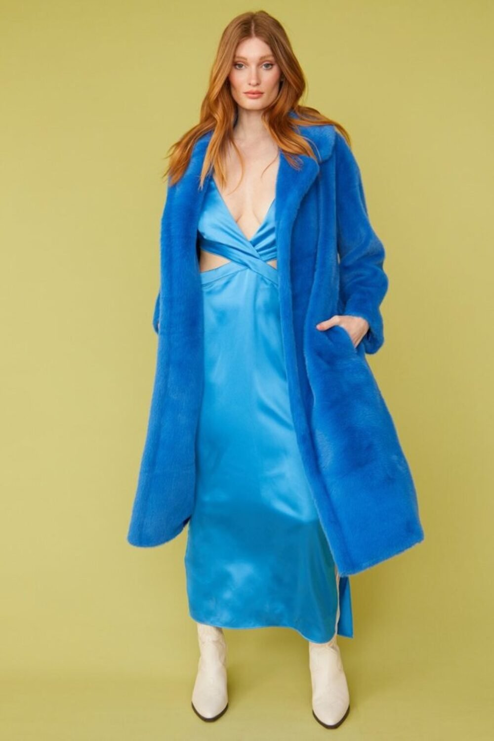 Shop Lux Blue Faux Fur Midi Coat and women's luxury and designer clothes at www.lux-apparel.co.uk
