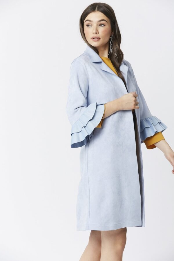 Shop Lux Blue Faux Suede Midi Jacket with Frill Sleeve and women's luxury and designer clothes at www.lux-apparel.co.uk