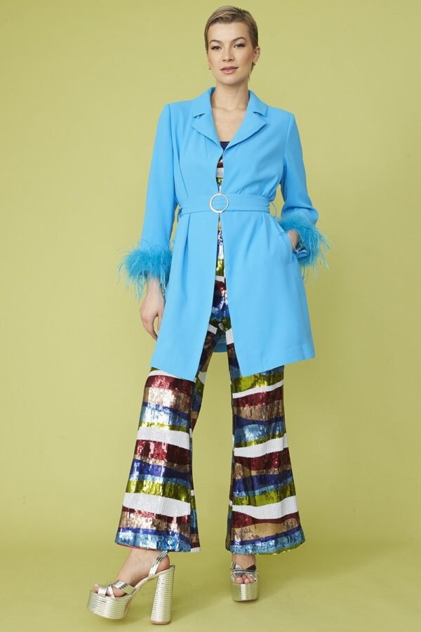 Shop Lux Blue Rayon Blend Feather Trim Midi Coat and women's luxury and designer clothes at www.lux-apparel.co.uk