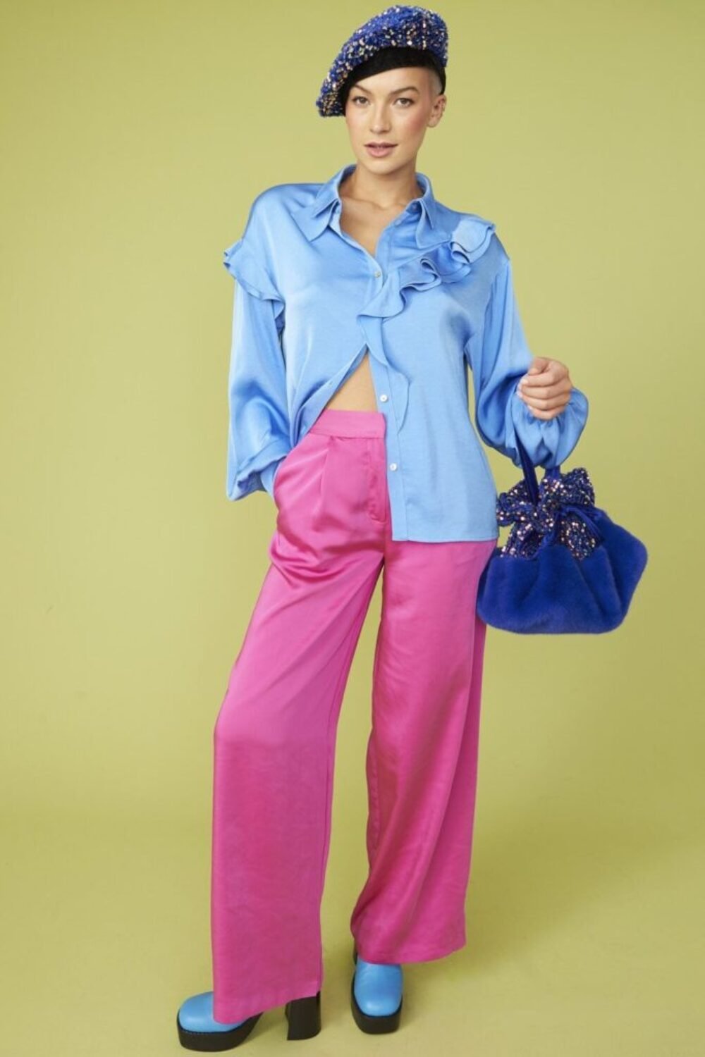 Shop Lux Blue Rayon Blend Ruffle Blouse and women's luxury and designer clothes at www.lux-apparel.co.uk