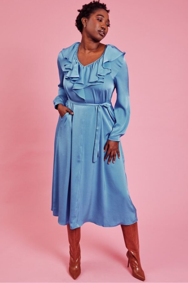 Shop Lux Blue Ruffle Maxi Shift Dress and women's luxury and designer clothes at www.lux-apparel.co.uk