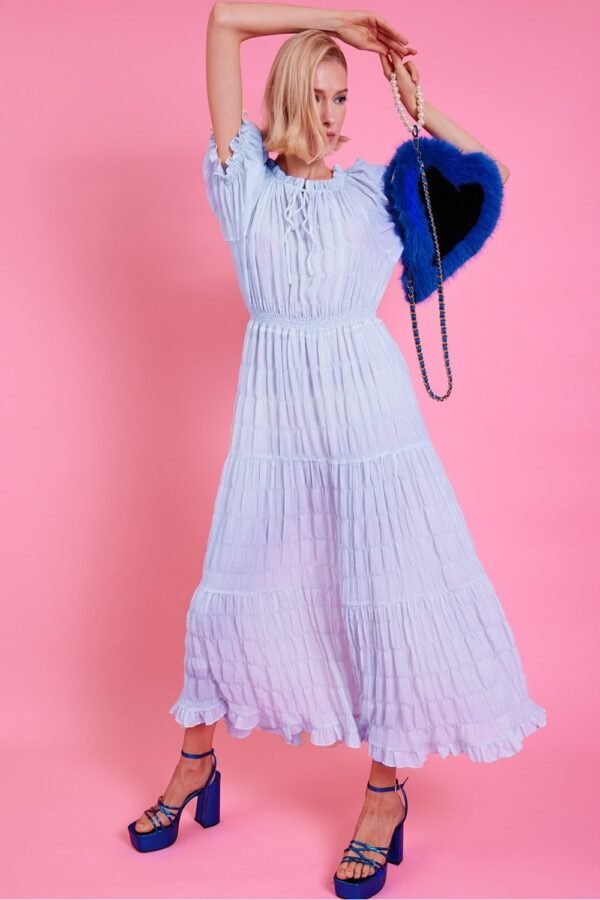 Shop Lux Blue Silk Blend Maxi Ruffle Dress and women's luxury and designer clothes at www.lux-apparel.co.uk