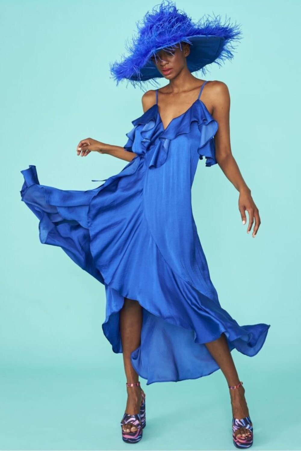 Shop Lux Blue Silk Blend Maxi Ruffle Dress and women's luxury and designer clothes at www.lux-apparel.co.uk
