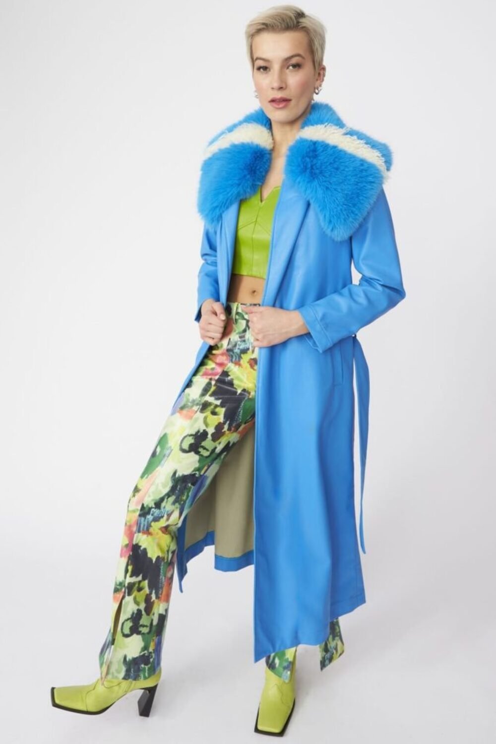 Shop Lux Blue Tencel Blend Eco Leather Trench Coat and women's luxury and designer clothes at www.lux-apparel.co.uk