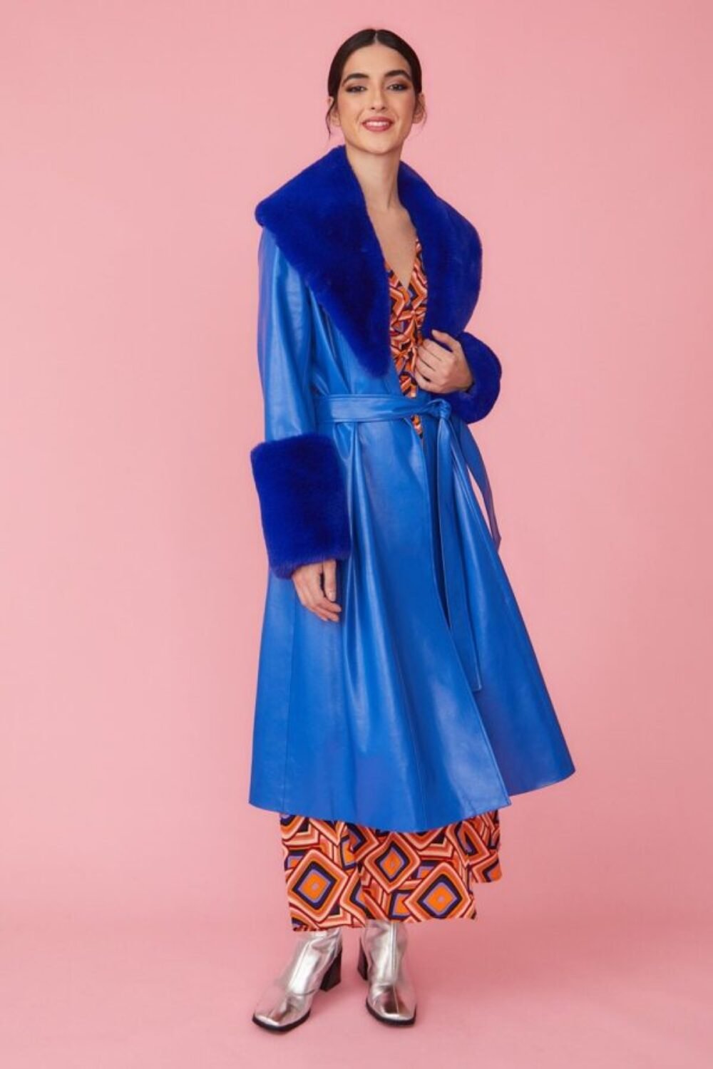 Shop Lux Blue Trench Style Belted Coat with Faux Fur Cuffs and Collar and women's luxury and designer clothes at www.lux-apparel.co.uk