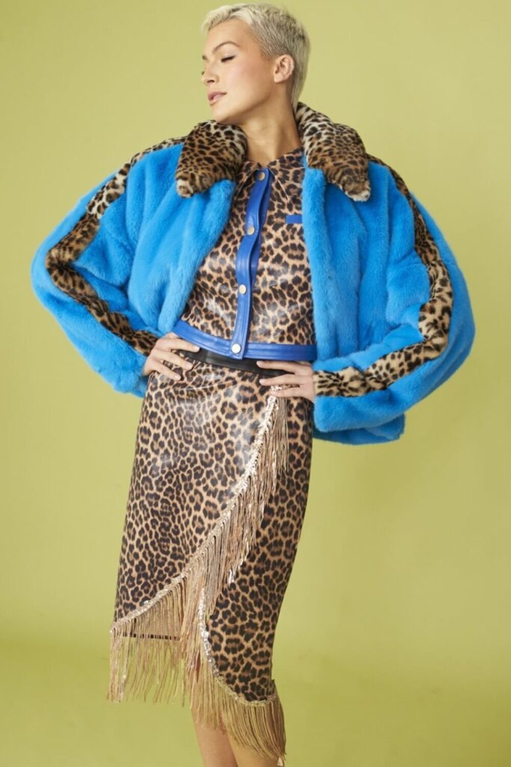 Shop Lux Blue and Leopard Print Faux Fur Coat and women's luxury and designer clothes at www.lux-apparel.co.uk