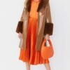 Shop Lux Brown Luxury Faux Leather Aubrey Coat With Detachable Faux Fur Cuffs & Collar and women's luxury and designer clothes at www.lux-apparel.co.uk