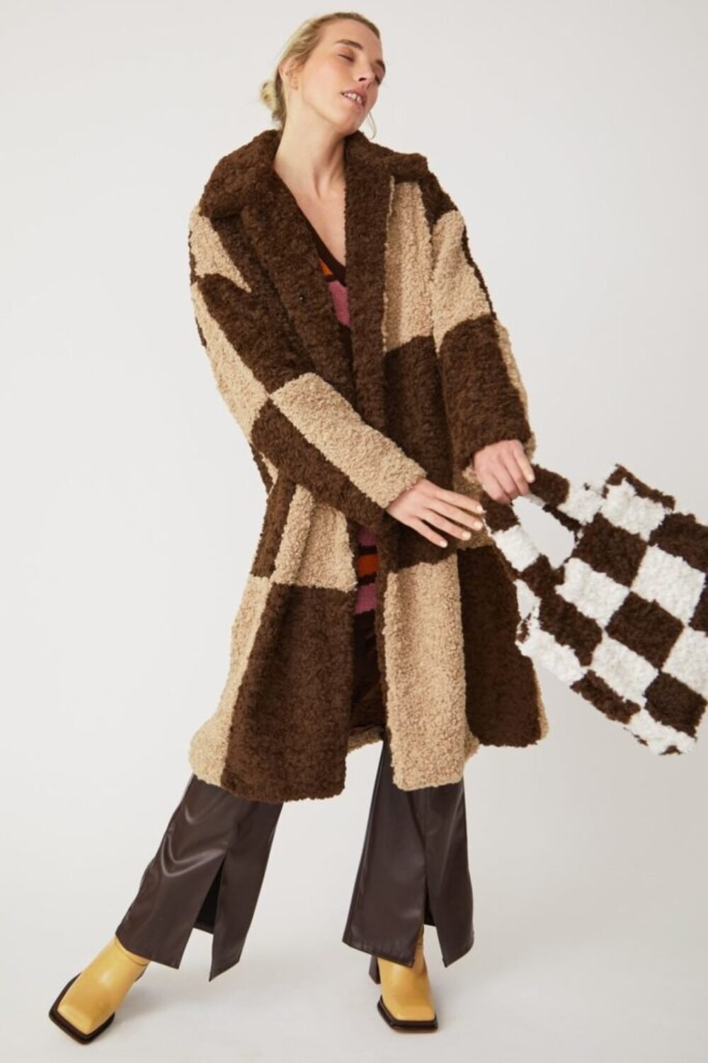 Shop Lux Checkered Black and White Faux Shearling Oversized Coat and women's luxury and designer clothes at www.lux-apparel.co.uk