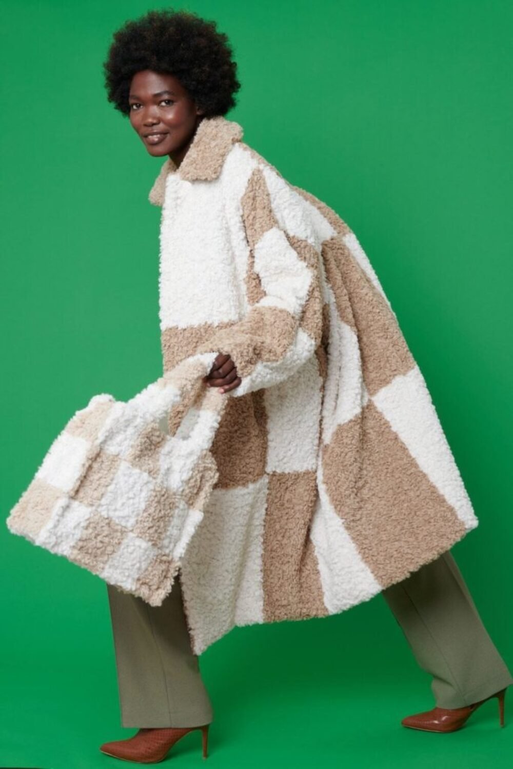 Shop Lux Checkered Mocha and White Faux Shearling Oversized Coat and women's luxury and designer clothes at www.lux-apparel.co.uk