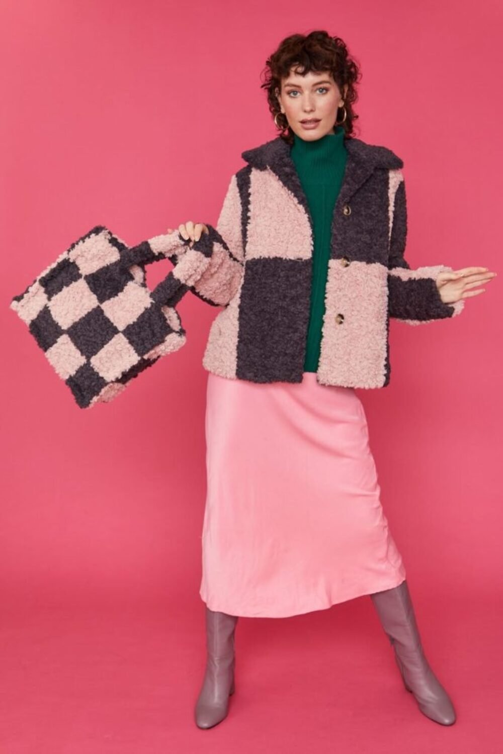 Shop Lux Checkered Pink and Purple Faux Shearling Cropped Coat and women's luxury and designer clothes at www.lux-apparel.co.uk
