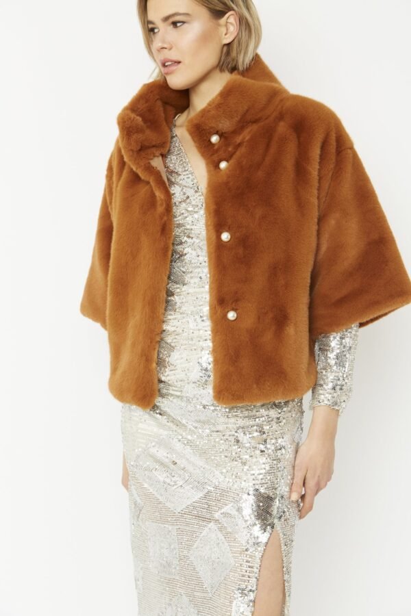 Shop Lux Chocolate Faux Fur Jacket With Pearls and women's luxury and designer clothes at www.lux-apparel.co.uk