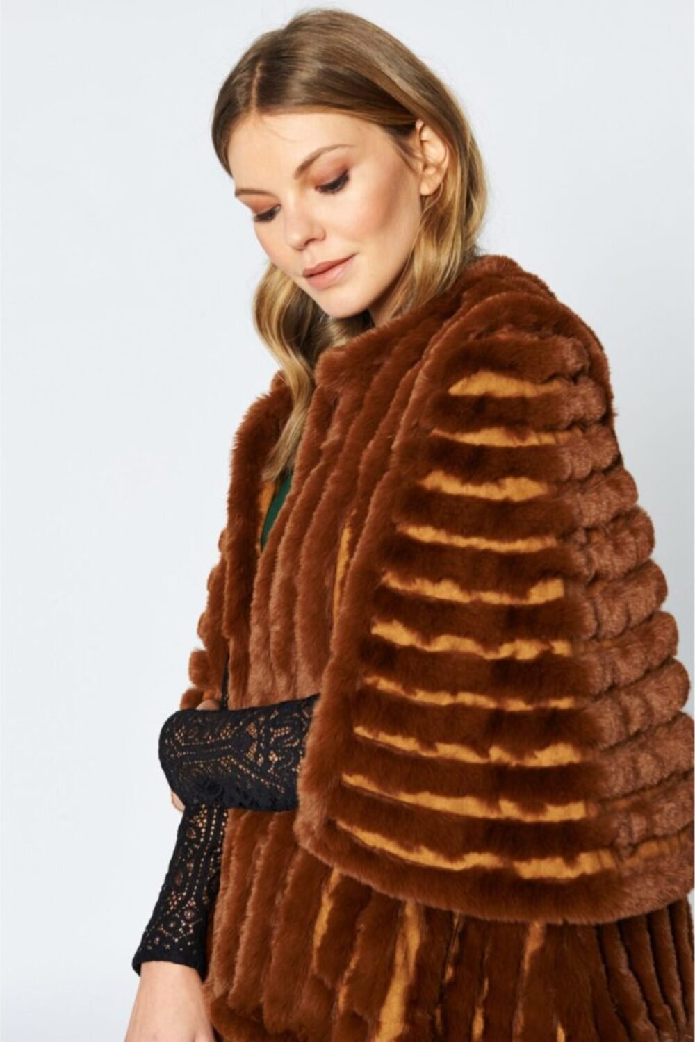 Shop Lux Chocolate Faux Fur Striped Coat and women's luxury and designer clothes at www.lux-apparel.co.uk