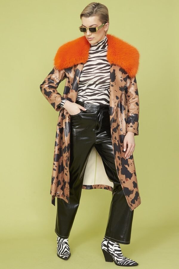 Shop Lux Cow Print Eco Leather Trench Coat with Orange Faux Fur Collar and women's luxury and designer clothes at www.lux-apparel.co.uk