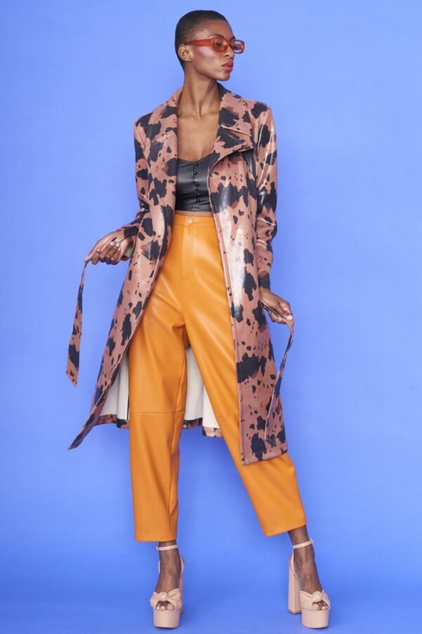 Shop Lux Cow Print Eco Leather Trench Coat with Orange Faux Fur Collar and women's luxury and designer clothes at www.lux-apparel.co.uk