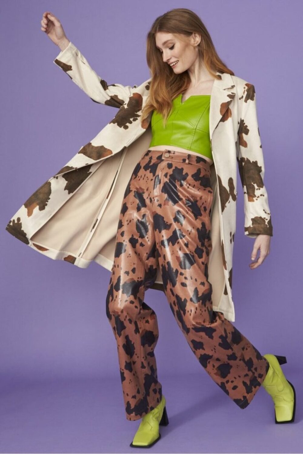 Shop Lux Cow Print Faux Suede Animal Print Trousers and women's luxury and designer clothes at www.lux-apparel.co.uk