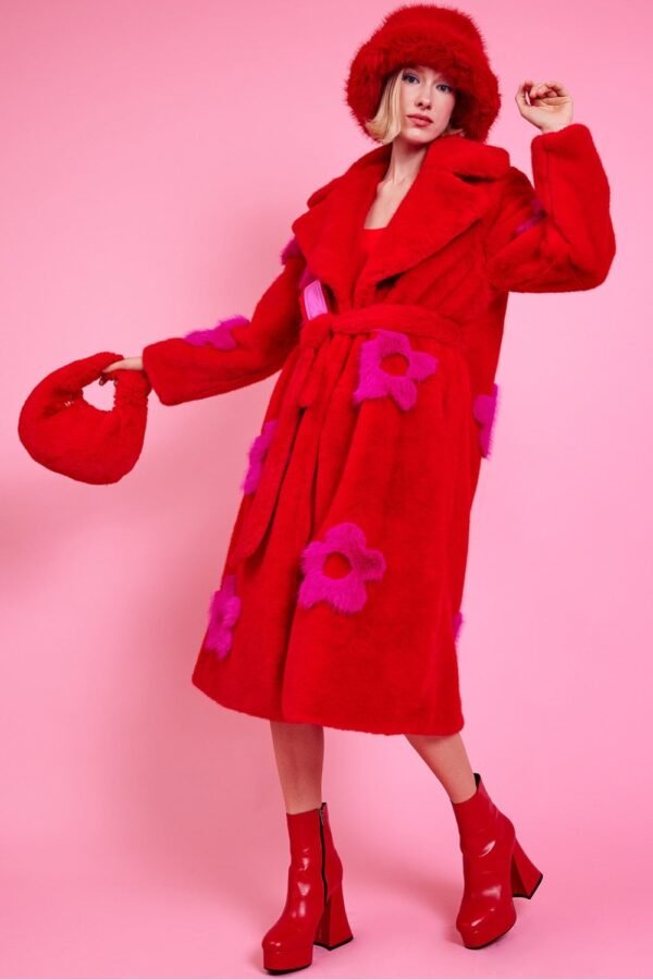Shop Lux Eco Bamboo Blue Faux Fur Coat with Pink Flower Detailing and women's luxury and designer clothes at www.lux-apparel.co.uk