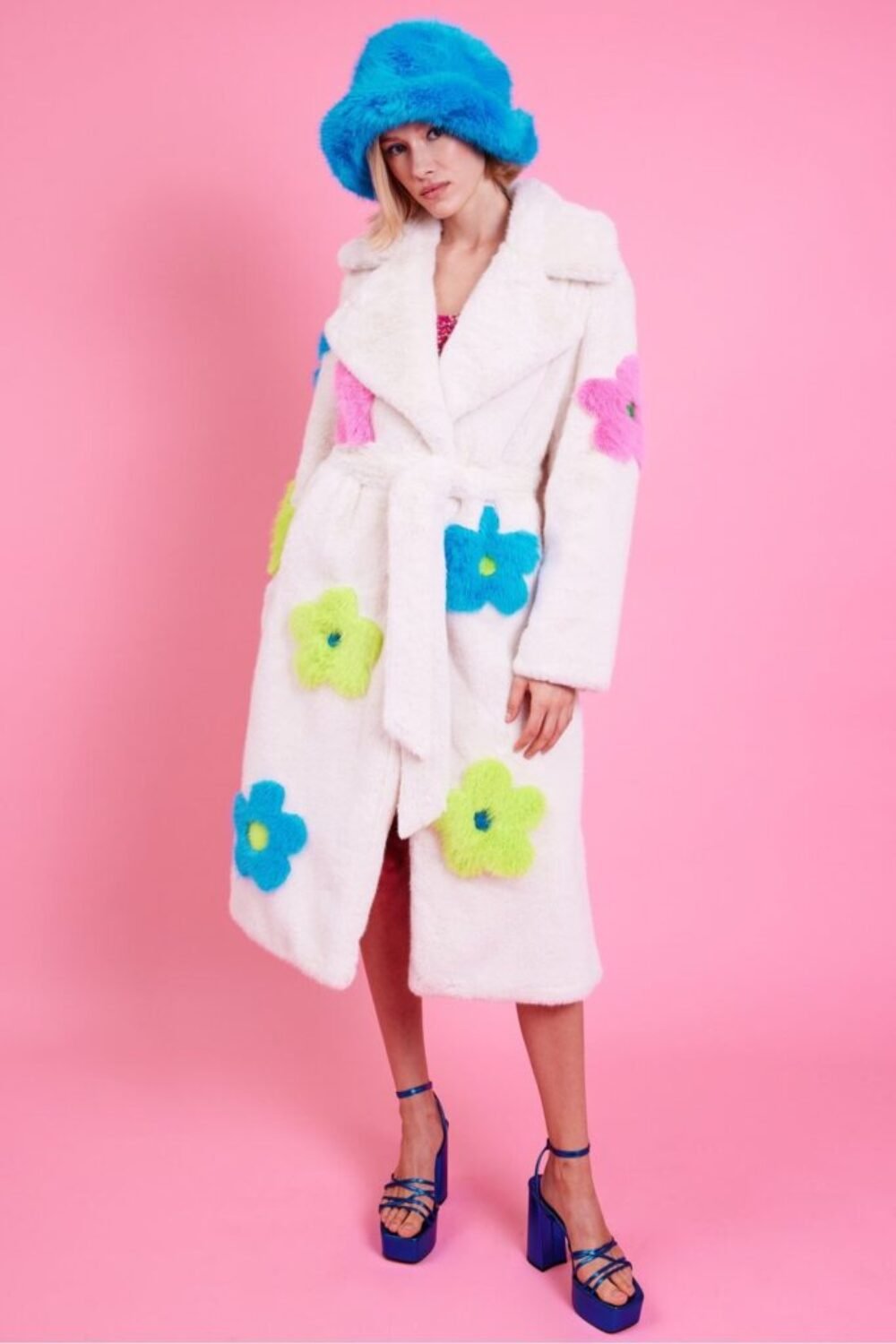 Shop Lux Eco Bamboo Faux Fur Coat with Bright Flower Detailing and women's luxury and designer clothes at www.lux-apparel.co.uk