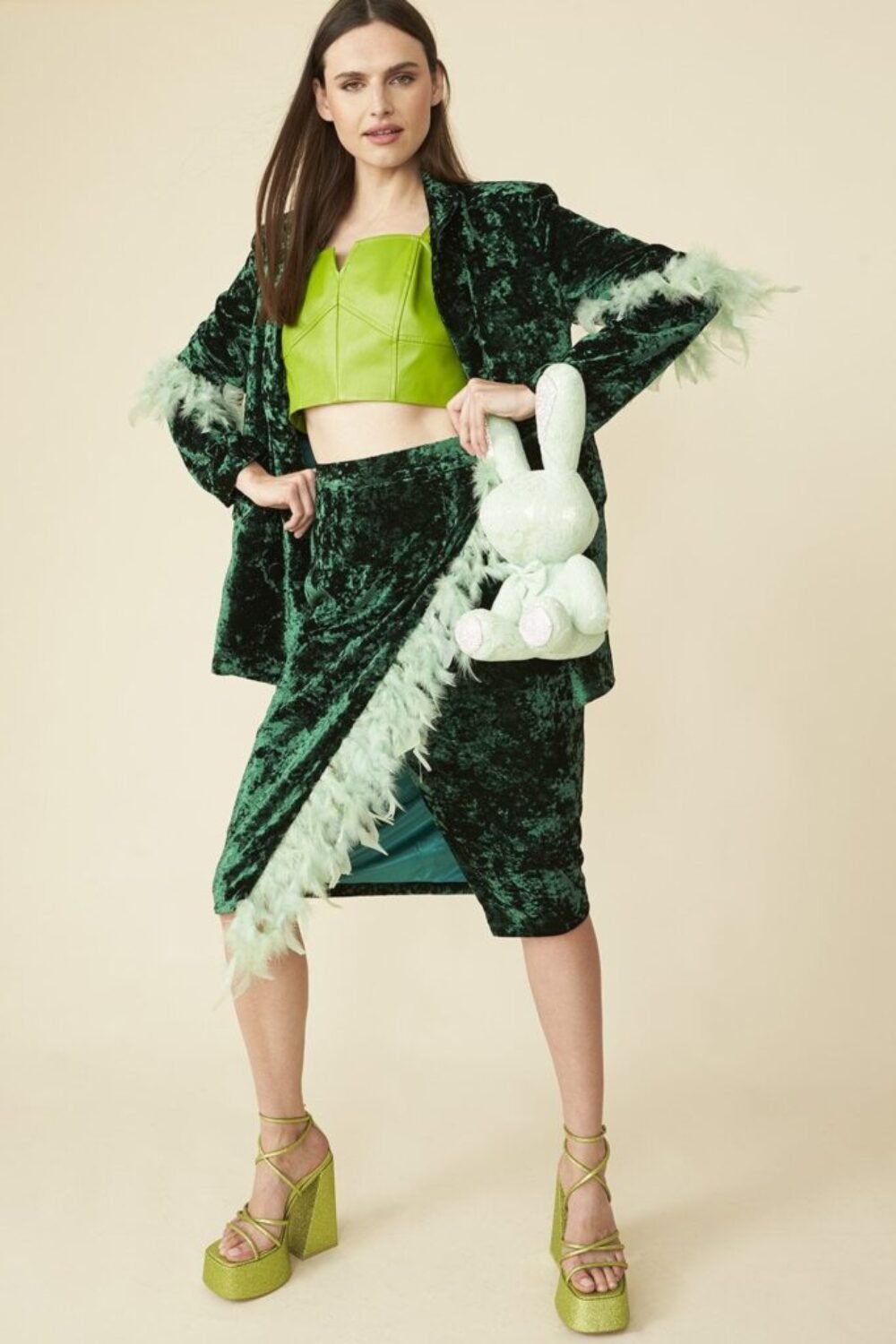 Shop Lux Emerald Green Velvet Blazer with Feather and women's luxury and designer clothes at www.lux-apparel.co.uk