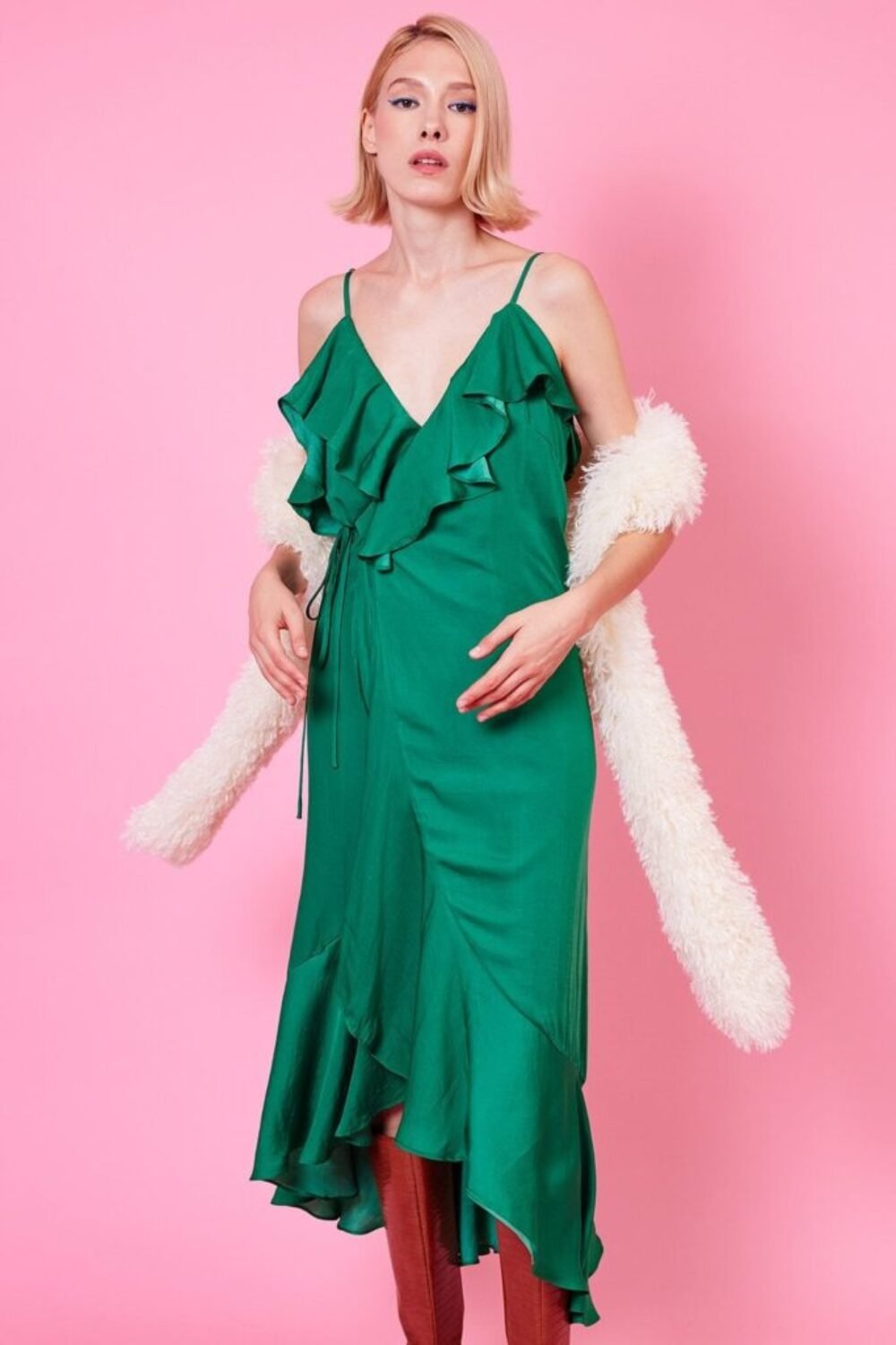 Shop Lux Emerald Silk Blend Maxi Ruffle Wrap Dress and women's luxury and designer clothes at www.lux-apparel.co.uk