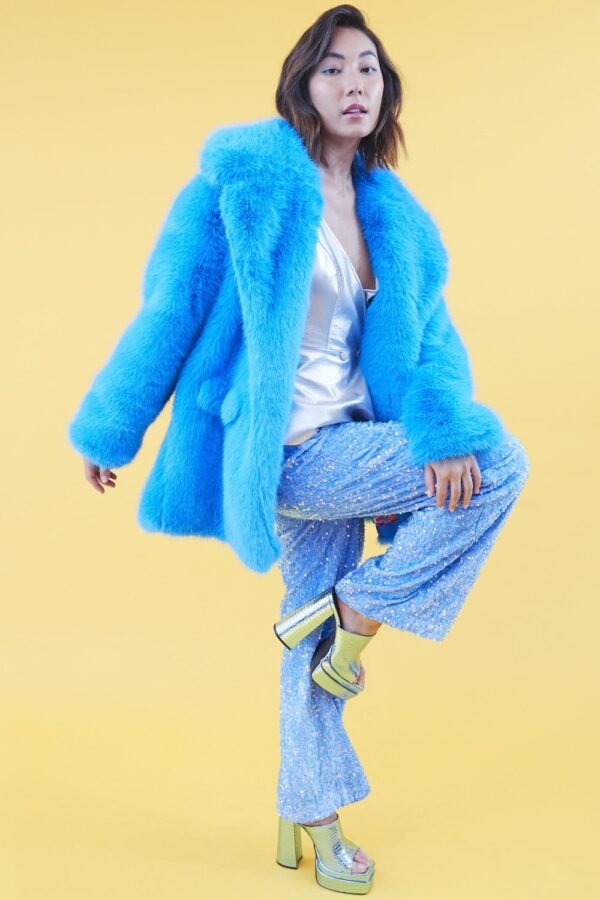 Shop Lux Faux Fur Blue Midi Coat and women's luxury and designer clothes at www.lux-apparel.co.uk