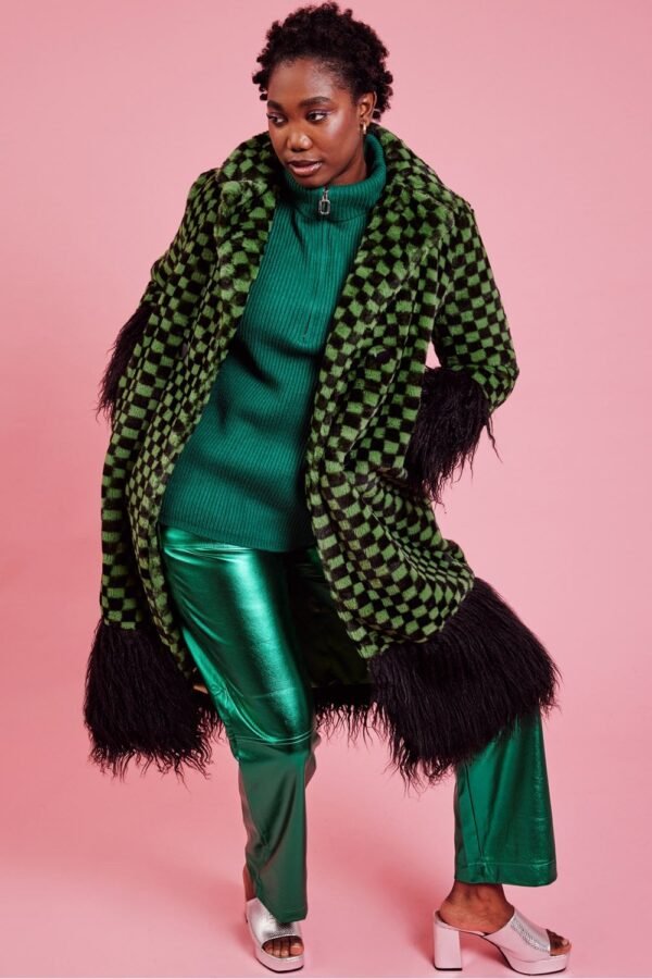 Shop Lux Faux Fur Green and Black Check Coat with Faux Mongolian Trim and women's luxury and designer clothes at www.lux-apparel.co.uk