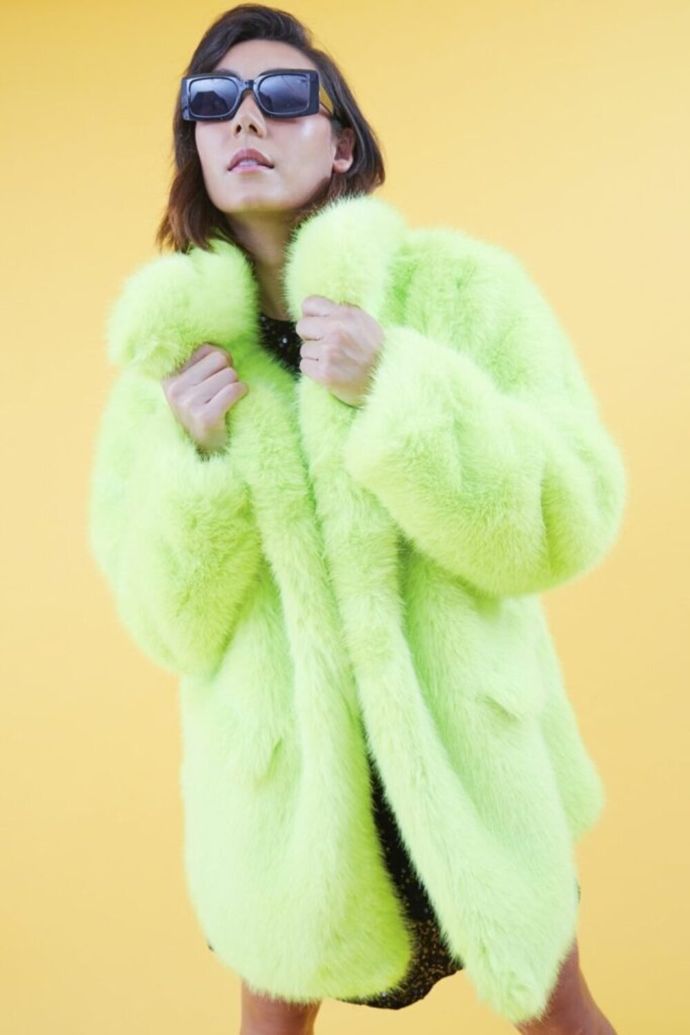 Shop Lux Faux Fur Lime Green Midi Coat and women's luxury and designer clothes at www.lux-apparel.co.uk