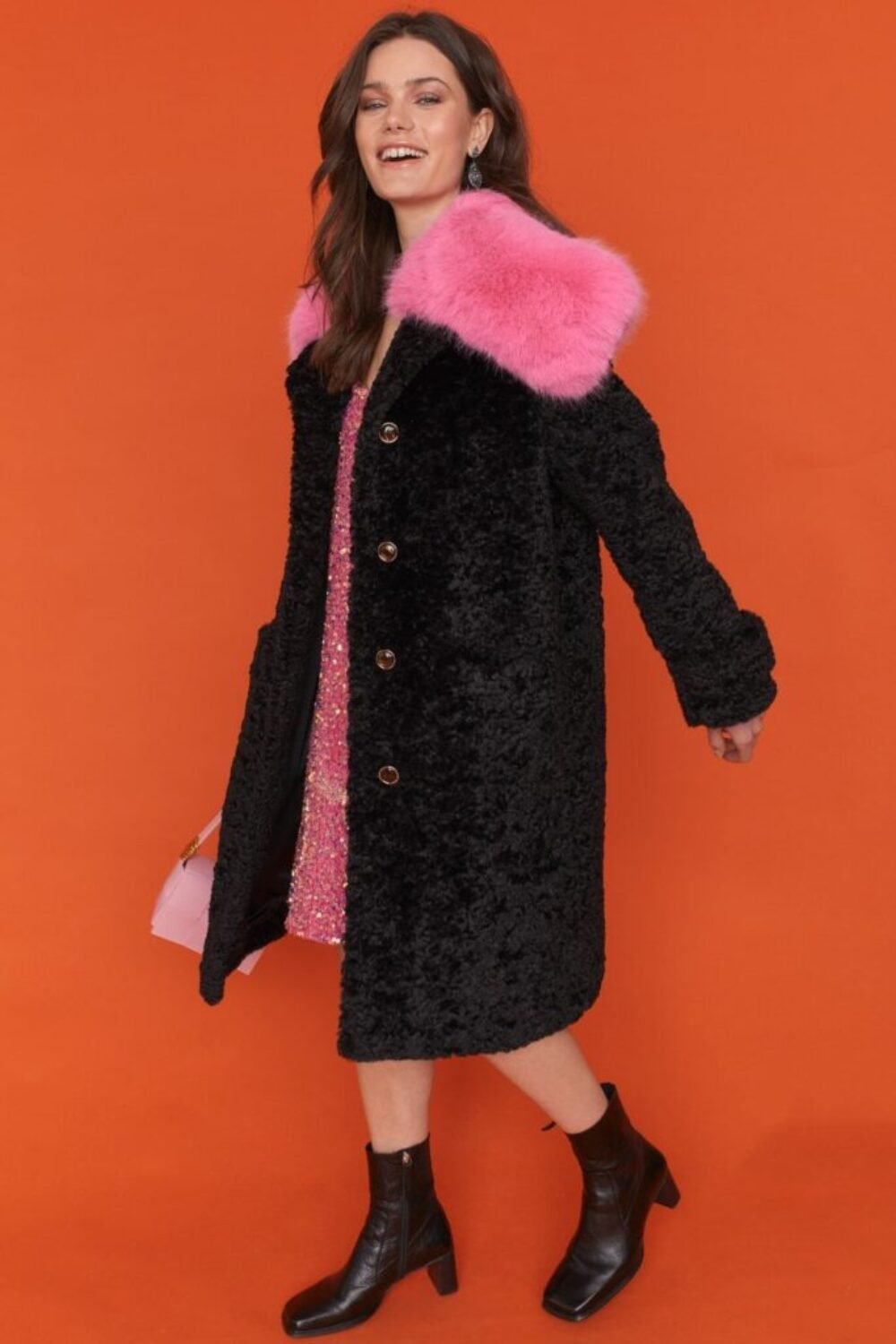 Shop Lux Faux Fur Midi Coat with a Pink Oversized Collar and women's luxury and designer clothes at www.lux-apparel.co.uk