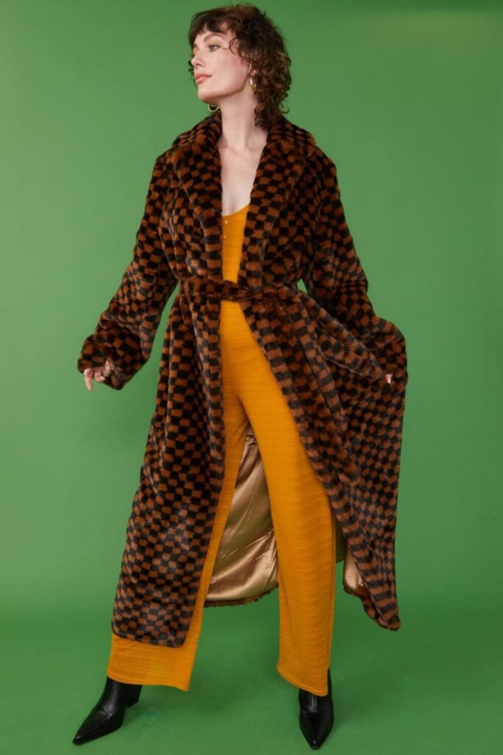Shop Lux Faux Fur Mini Checkered Maxi Coat in Orange and Black and women's luxury and designer clothes at www.lux-apparel.co.uk