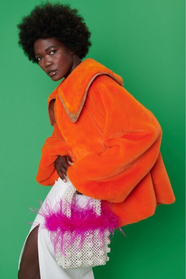 Shop Lux Faux Fur Sable Oversized Collar Coat in Orange and women's luxury and designer clothes at www.lux-apparel.co.uk