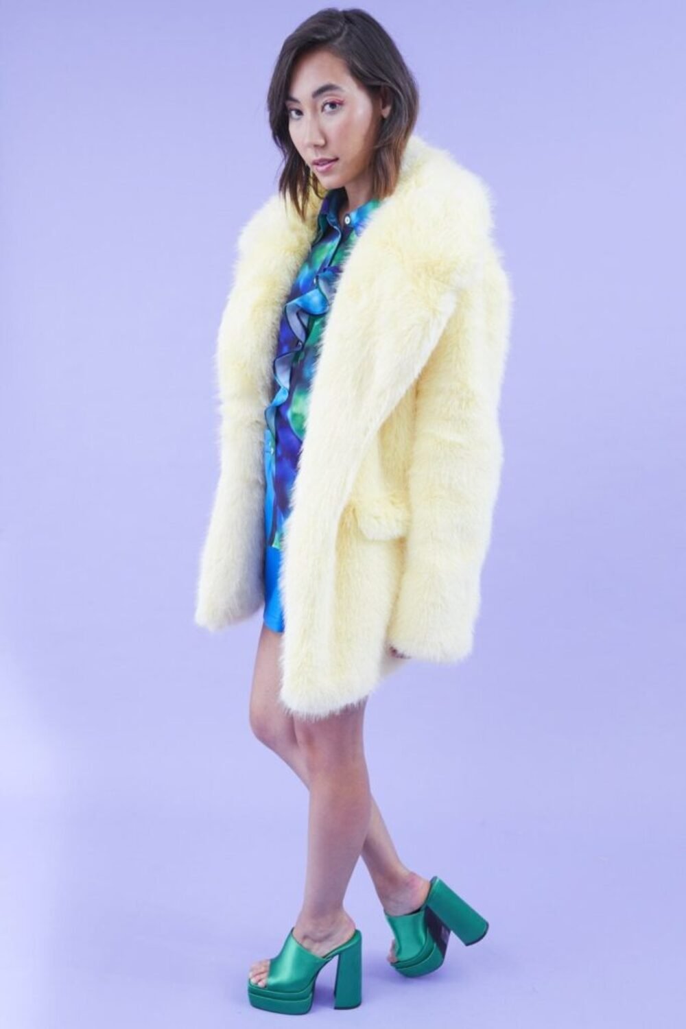 Shop Lux Faux Fur Yellow Midi Coat and women's luxury and designer clothes at www.lux-apparel.co.uk