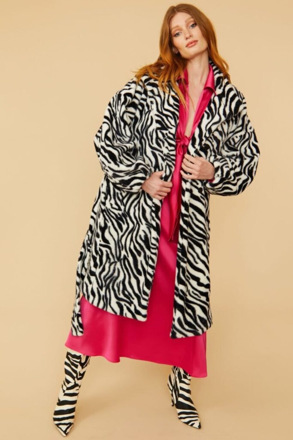 Shop Lux Faux Fur Zebra Print Midi Coat with Belt and women's luxury and designer clothes at www.lux-apparel.co.uk