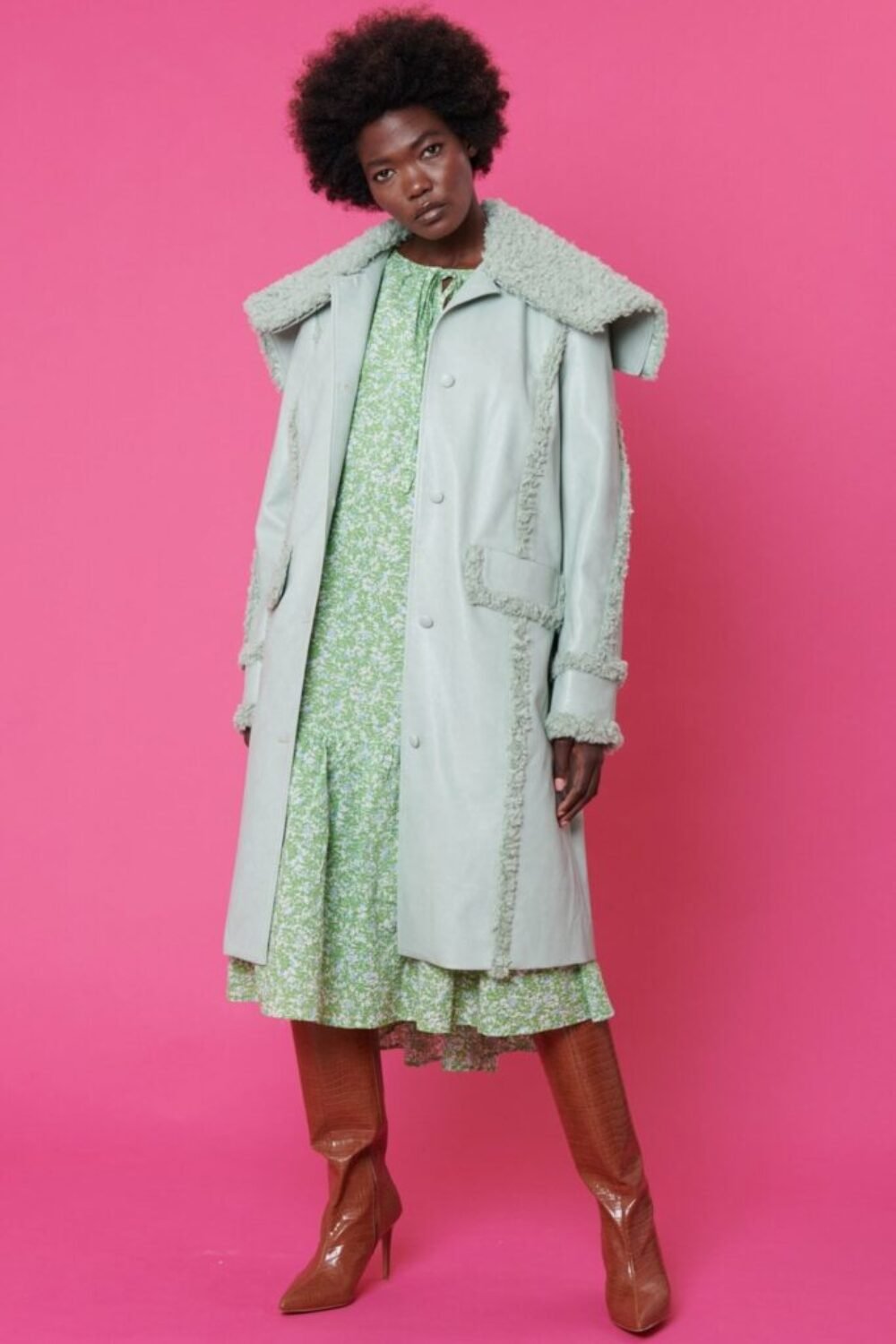 Shop Lux Faux Shearling and Faux Leather Aviator Style Trench in Mint Green and women's luxury and designer clothes at www.lux-apparel.co.uk