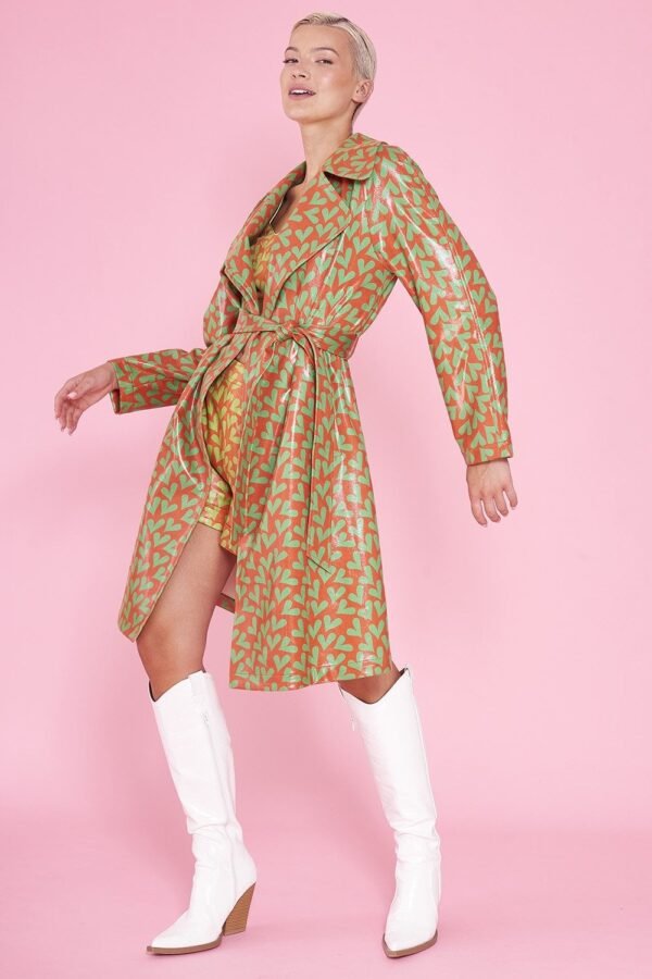 Shop Lux Faux Suede Heart Print Trench Coat and women's luxury and designer clothes at www.lux-apparel.co.uk