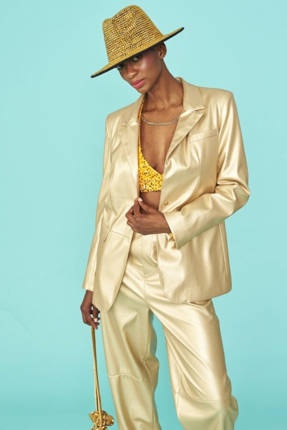 Shop Lux Faux leather Kate Blazer in Gold and women's luxury and designer clothes at www.lux-apparel.co.uk