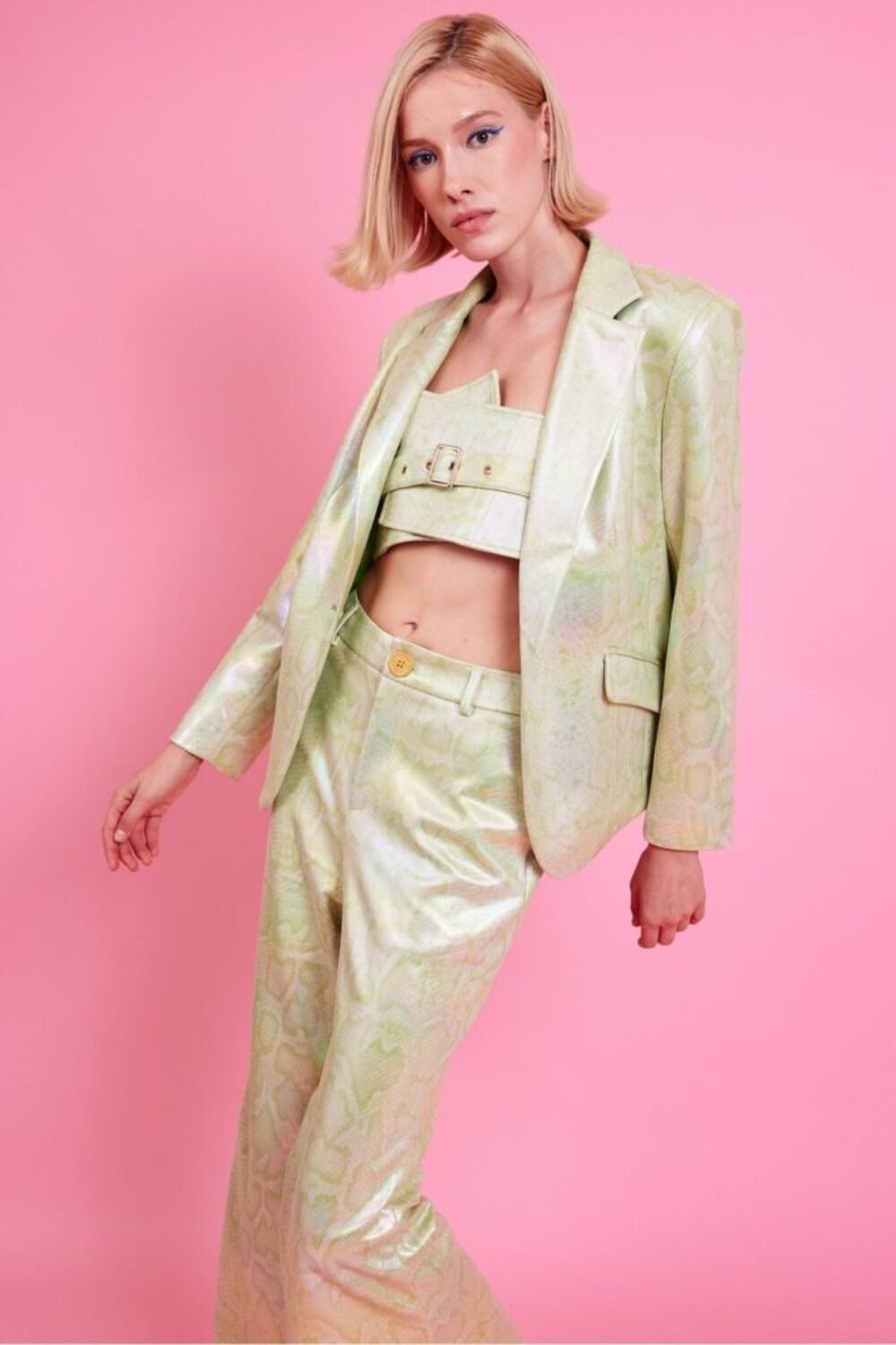 Shop Lux Faux leather Mint Green Metallic Blazer and women's luxury and designer clothes at www.lux-apparel.co.uk
