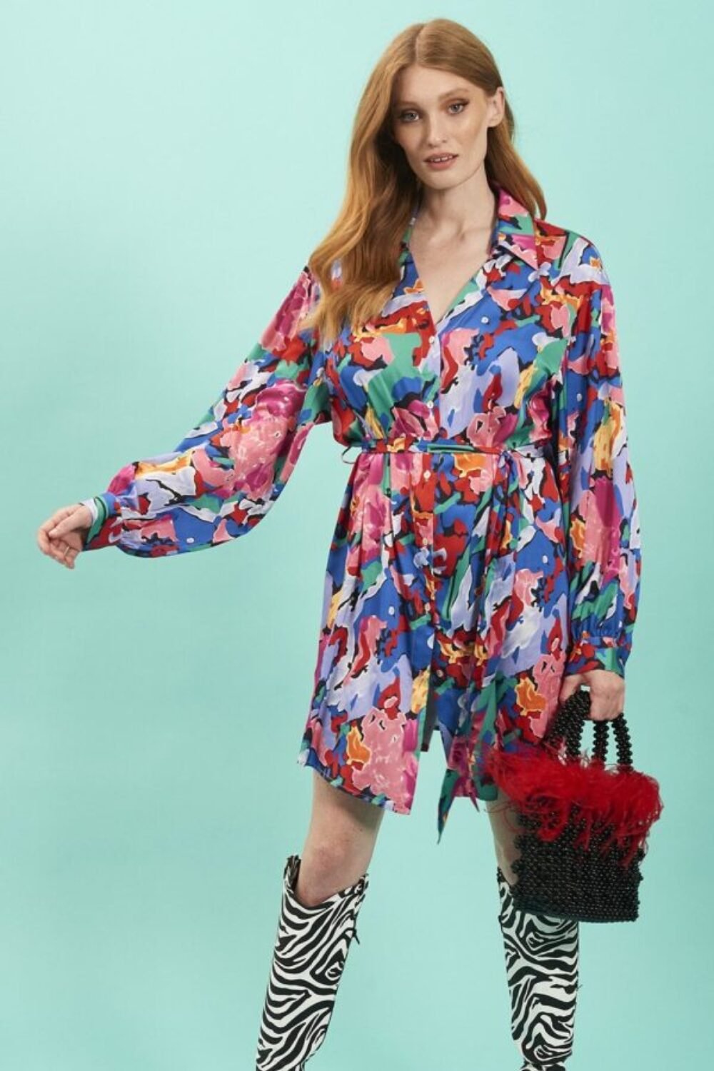Shop Lux Floral Shirt Dress with Long Sleeves and Belt and women's luxury and designer clothes at www.lux-apparel.co.uk