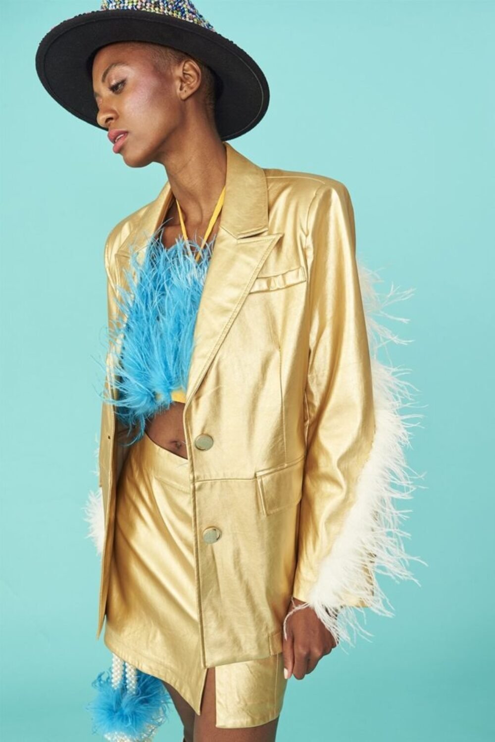 Shop Lux Gold Faux Leather Blazer with Feather Details and women's luxury and designer clothes at www.lux-apparel.co.uk