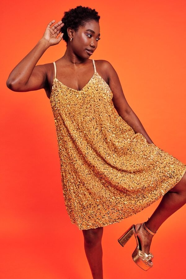 Shop Lux Gold Sequin Cami Swing Dress and women's luxury and designer clothes at www.lux-apparel.co.uk